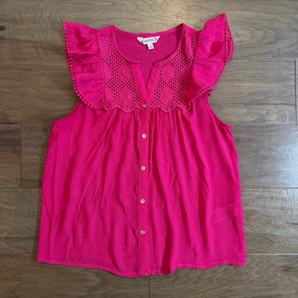 Nanette Lepore Pink Eyelet Lace Ruffle Flutter Sleeve Button Front Blouse Medium